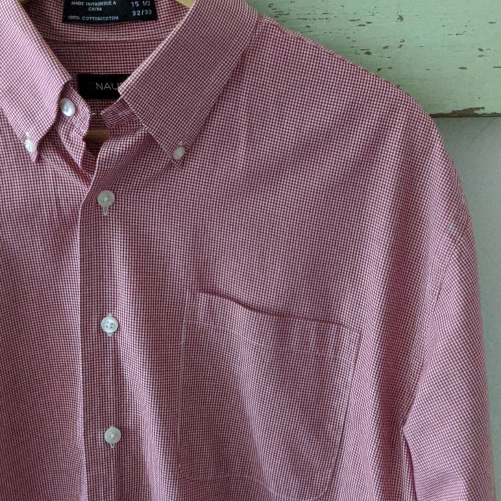 NAUTICA I Red Cotton Mini-Check Button-Down Dress Shirt, 15.5-32/33